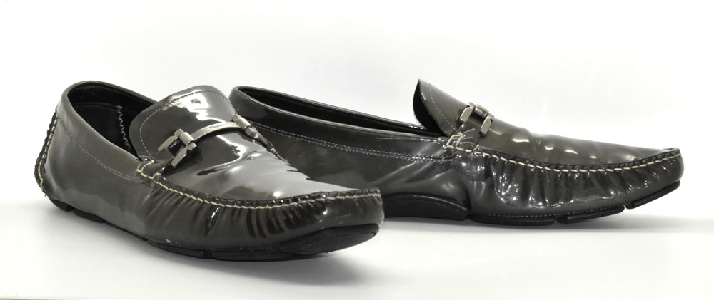 B5 Auth SALVATORE FERRAGAMO Nardo Gray Patent Gancini Bit Driving Loafers Sz 12